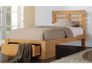 3ft Single Brett, Oak finish wood bed frame with drawer storage.
